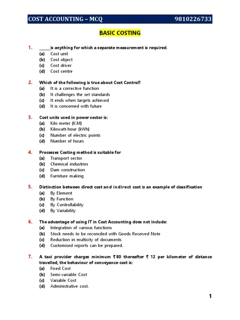 Costing Mcq PDF Cost Accounting Cost Of Goods Sold