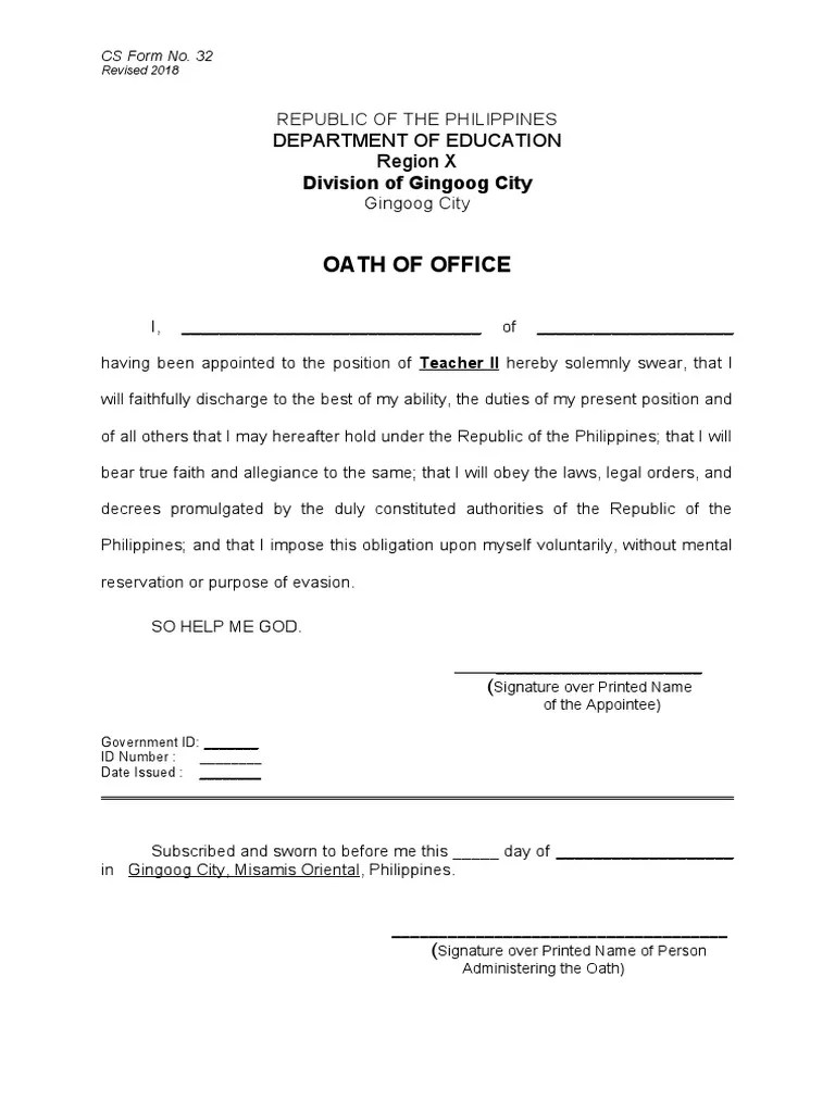 Cs Form No. 32 Oath of Office Notarized PDF