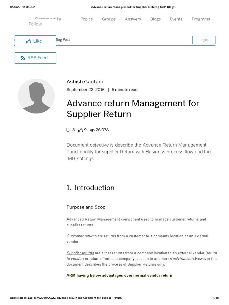 Advance Return Management For Supplier Return SAP Blogs PDF