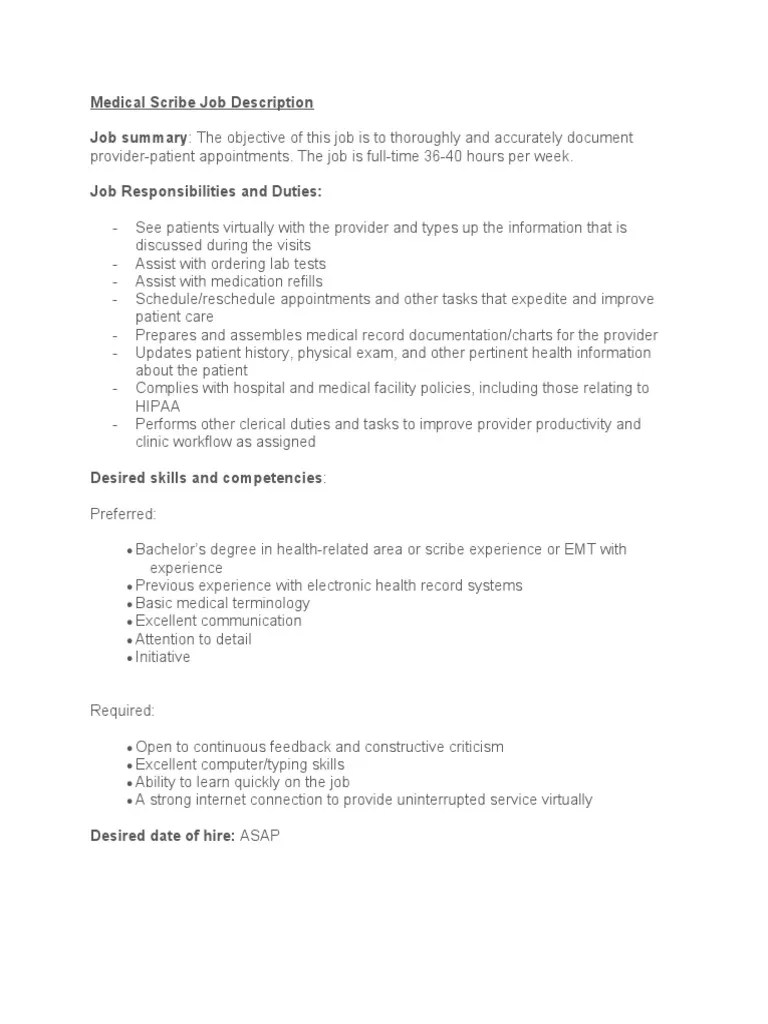 Medical Scribe Job Description PDF