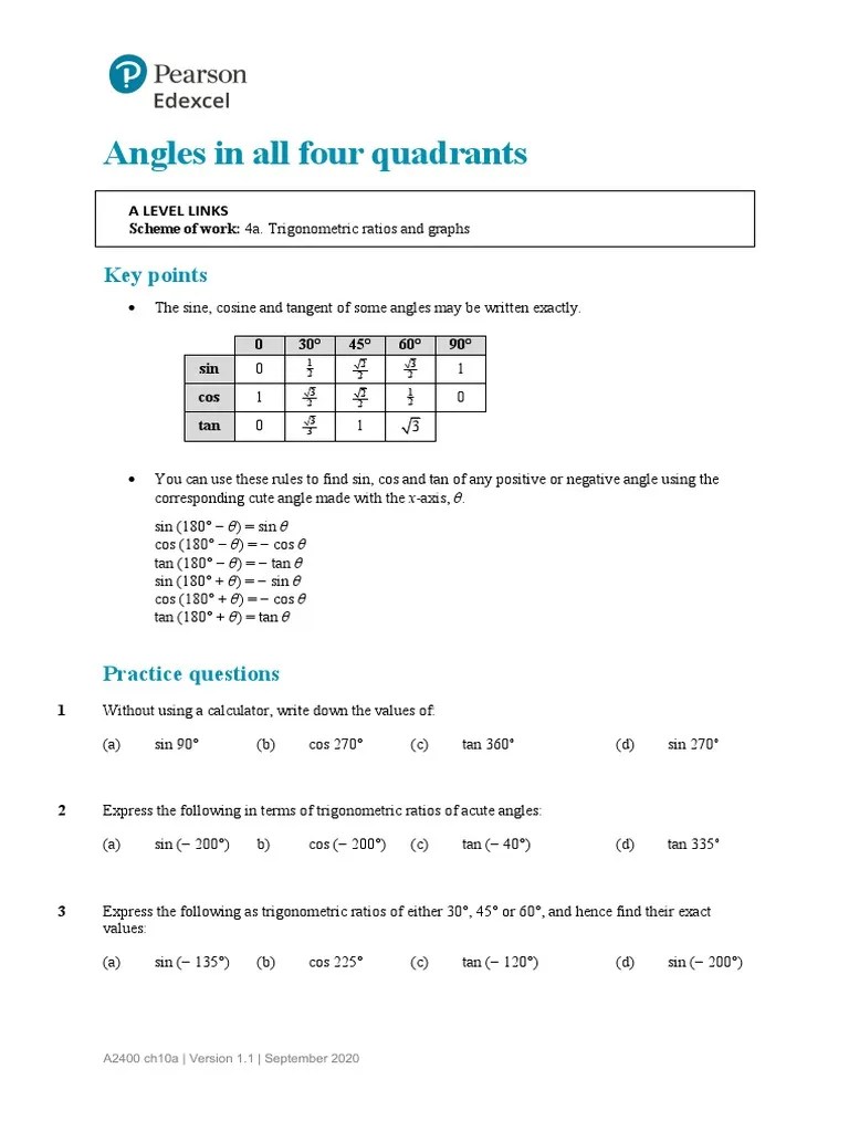 Example 1 Chapter 10 Angles in All Four Quadrants PDF Trigonometric