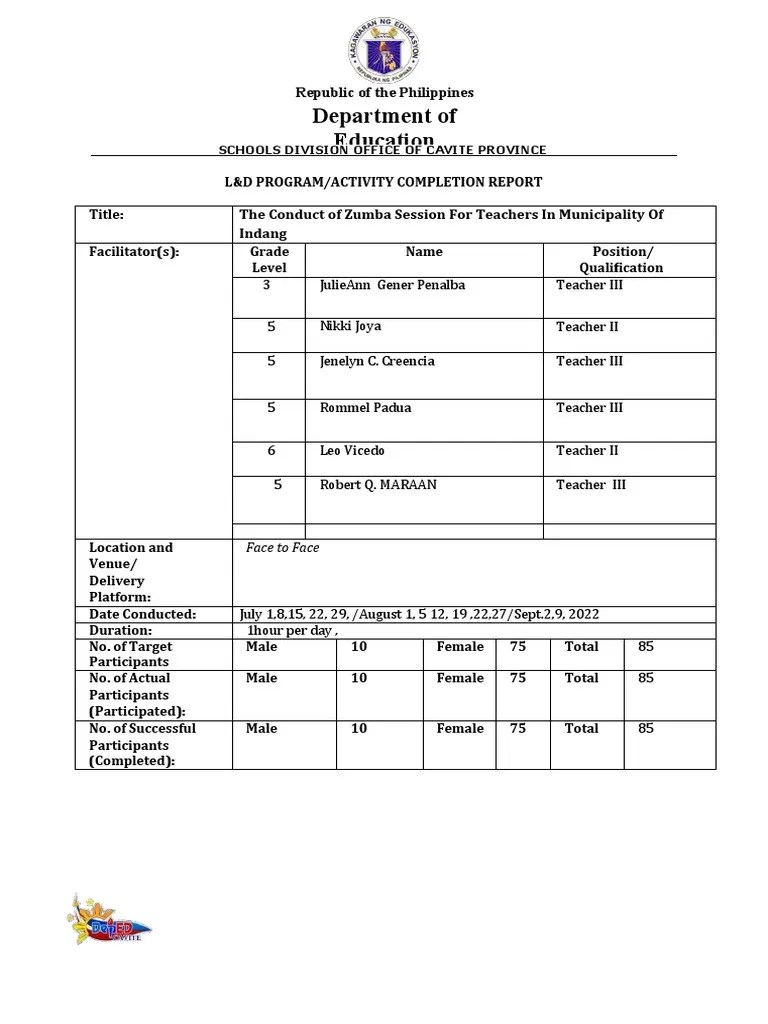 PROJECT BASICS DOC HRD FR 011 LD Program Activity Completion Report