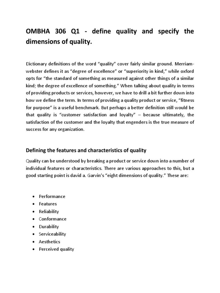 Define Quality & Its Dimensions PDF Quality (Business
