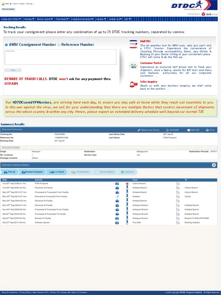 Track Shipment Status Consignment Status DTDC PDF