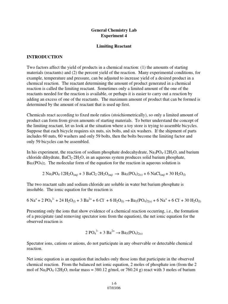 General Chemistry Lab Experiment 4 Limiting Reactant Compress PDF