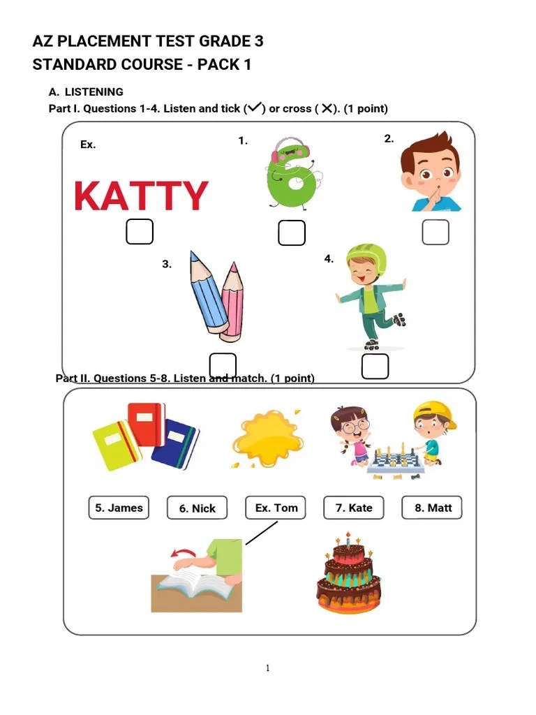 AZ Placement Test Grade 3 Listening, Reading, and Writing Assessment