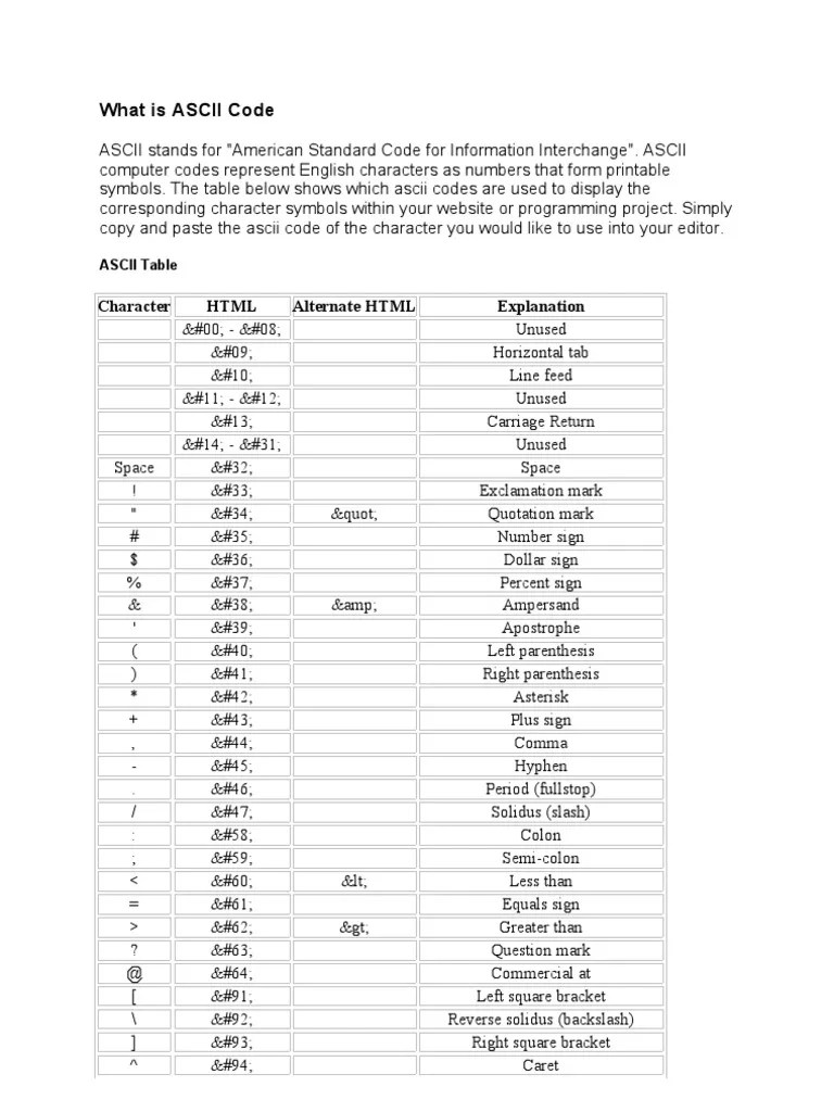 What Is ASCII Code Character HTML Alternate HTML Explanation PDF