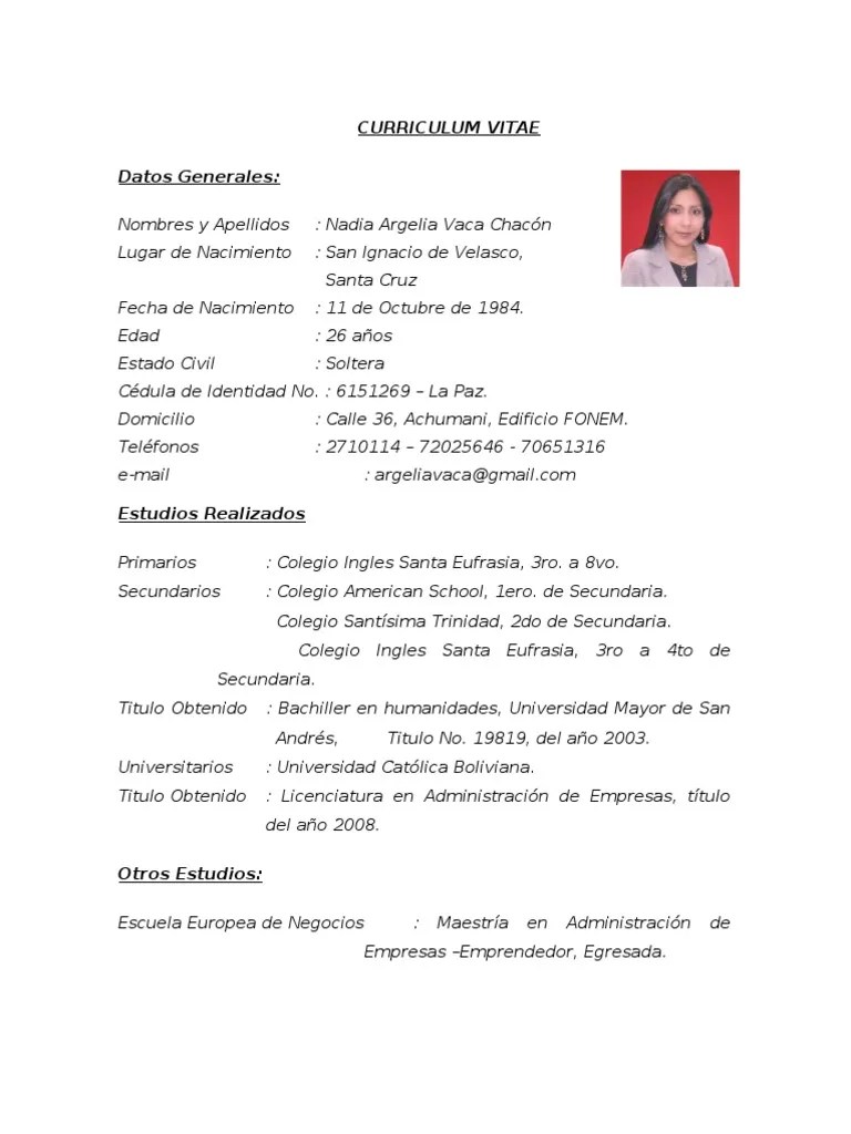 Ejemplos De Curriculum Vitae Bolivia