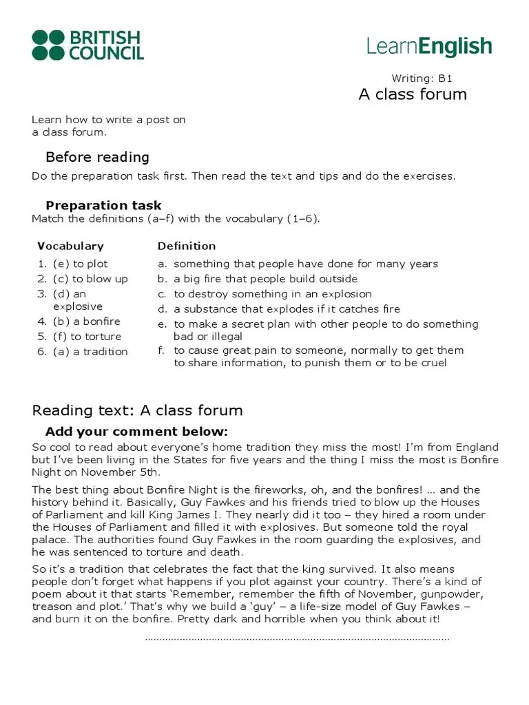 Writing B1 A Class Forum 1 3 PDF Guy Fawkes