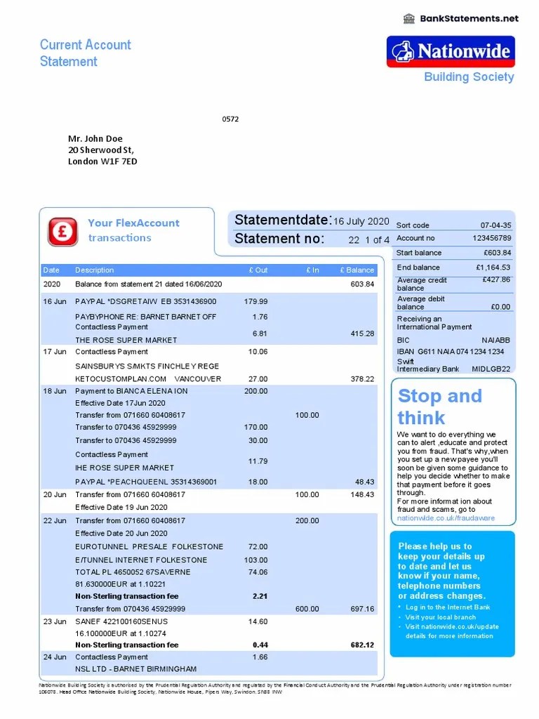 Nationwide Bank Statement PDF Overdraft Payments