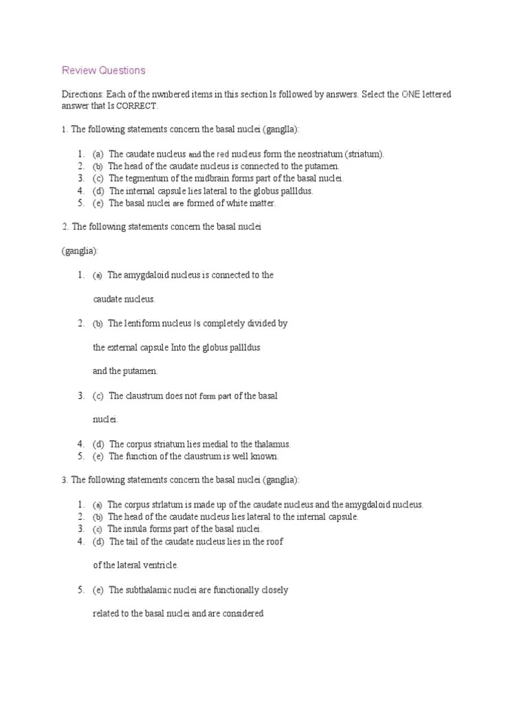Question Chapter 10 Basal Nuclei PDF Basal Ganglia Striatum