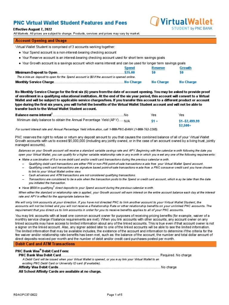 PNC Bank Virtual Wallet Student Fees PDF Overdraft Cheque