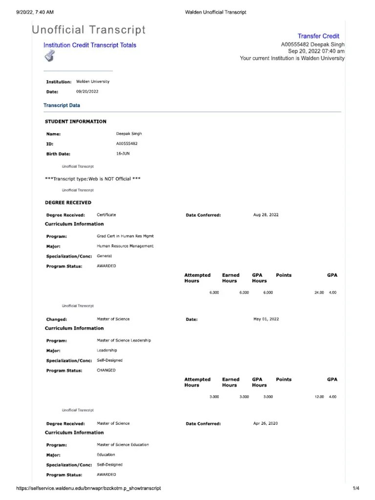 September 20, 2022 Walden University Transcript of Deepak (Danny) Singh