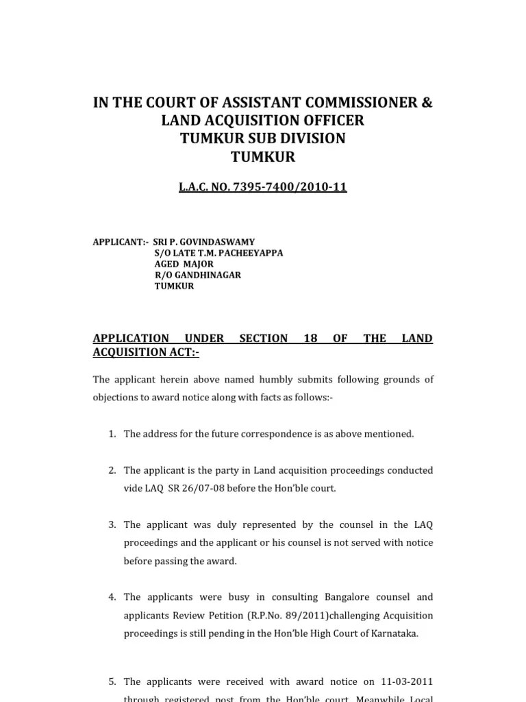 Petition Under Section 18 of Land Acquisition Act To Get Enhancement of