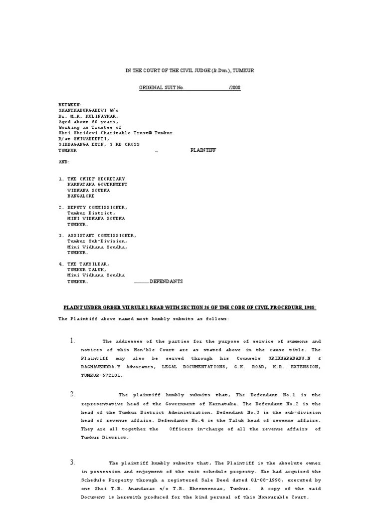 Injunction suit and plaint drafted in a specific case Affidavit Lawsuit