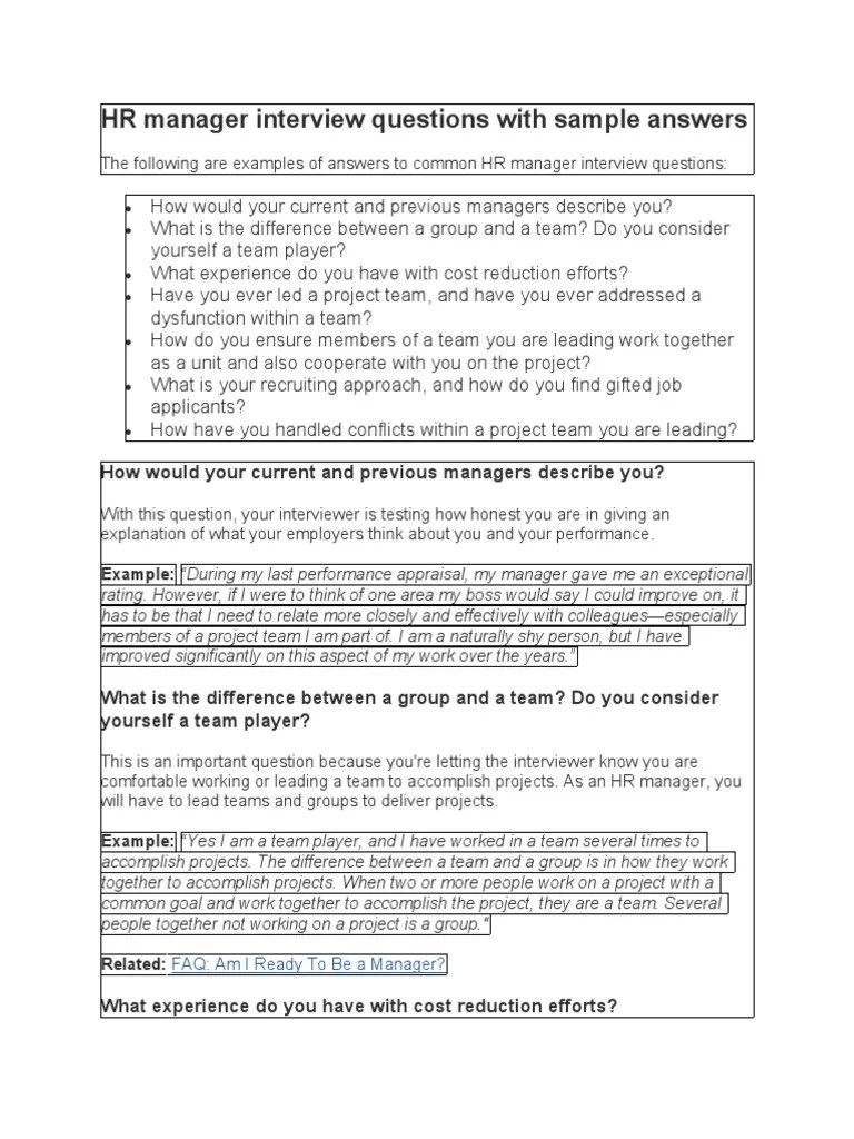 HR Manager Interview Questions With Sample Answers PDF Employment