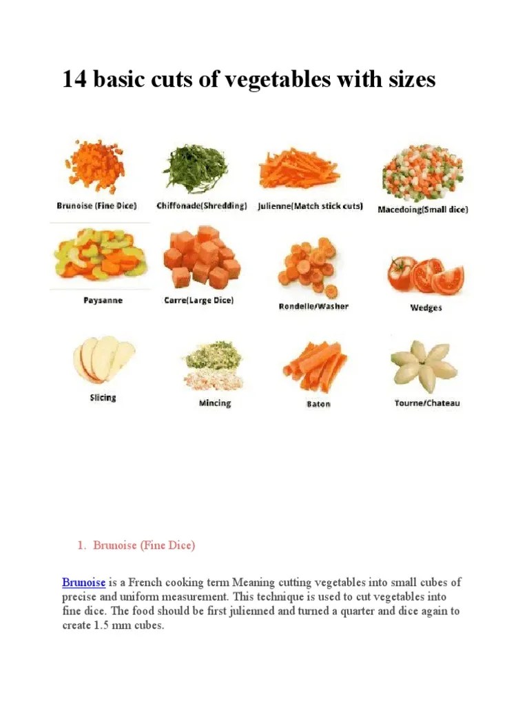 14 Basic Cuts of Vegetables With Sizes PDF Cookware And Bakeware Home