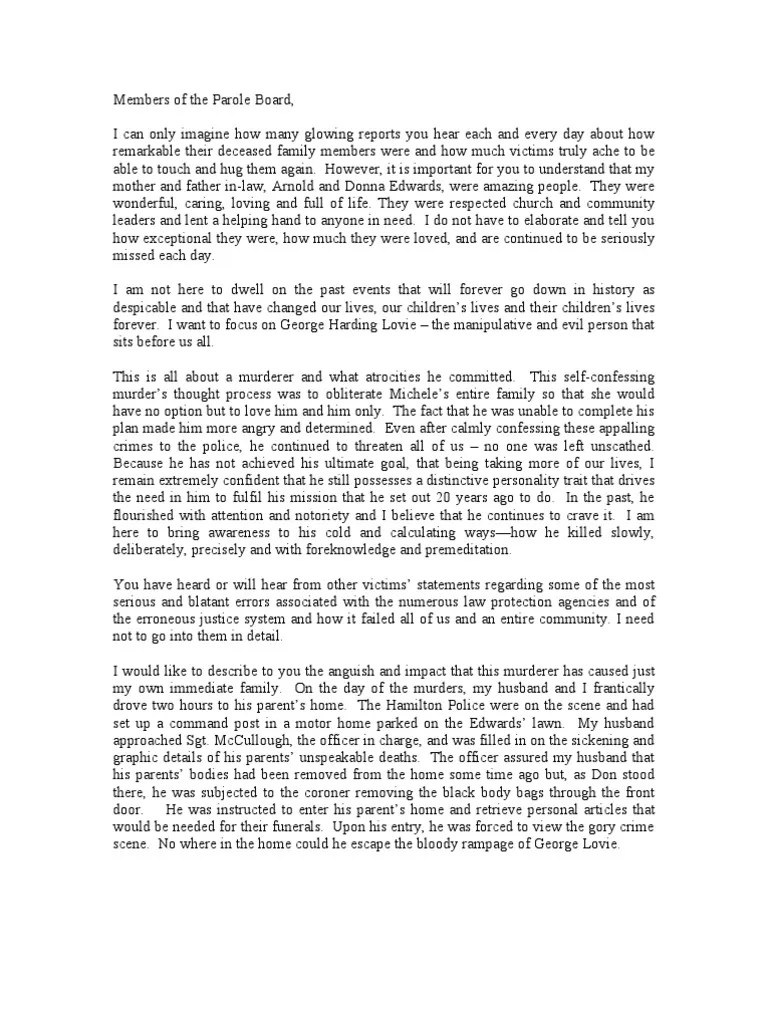 Tannis Edwards victim impact statement Psychological Trauma Murder