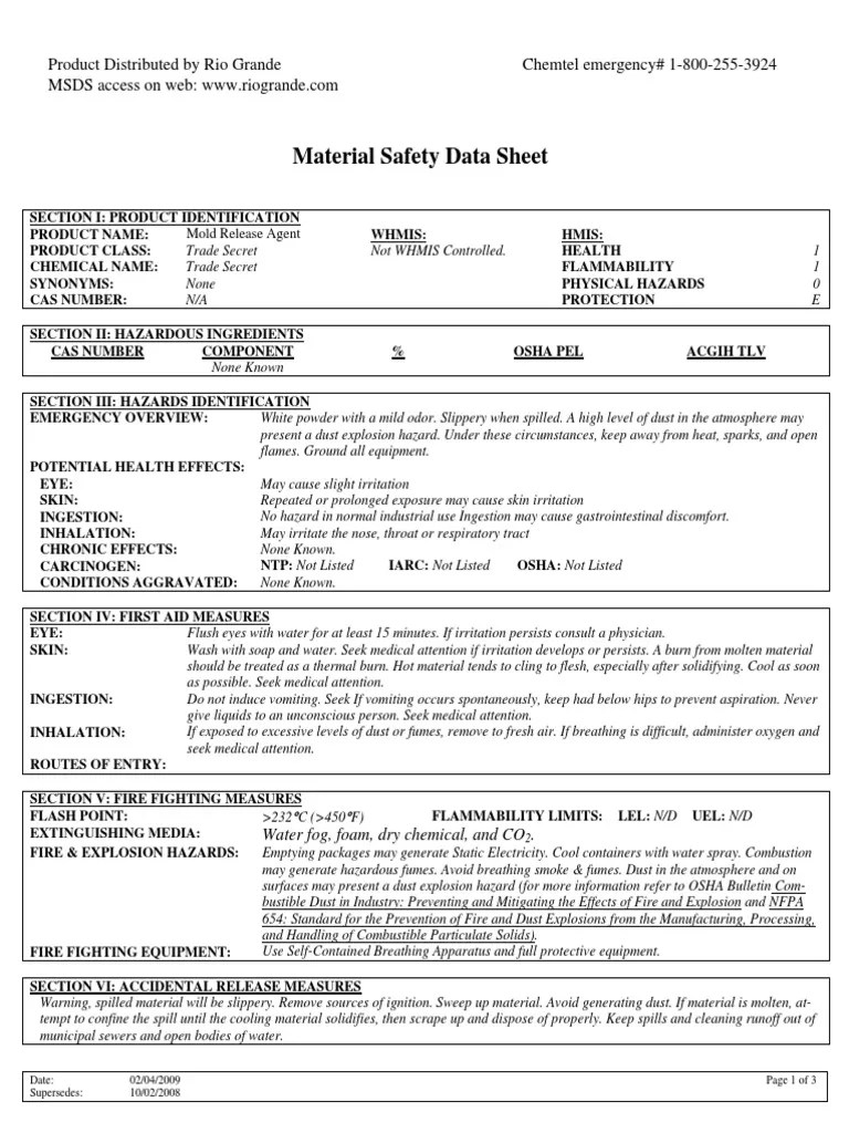 Safety Data Sheet for Mold Release Agent PDF Fires Firefighting