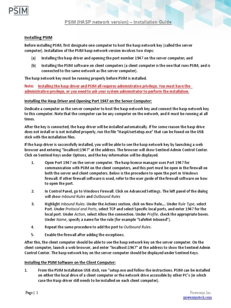 PSIM Installation Guide (Hasp Network) PDF Installation