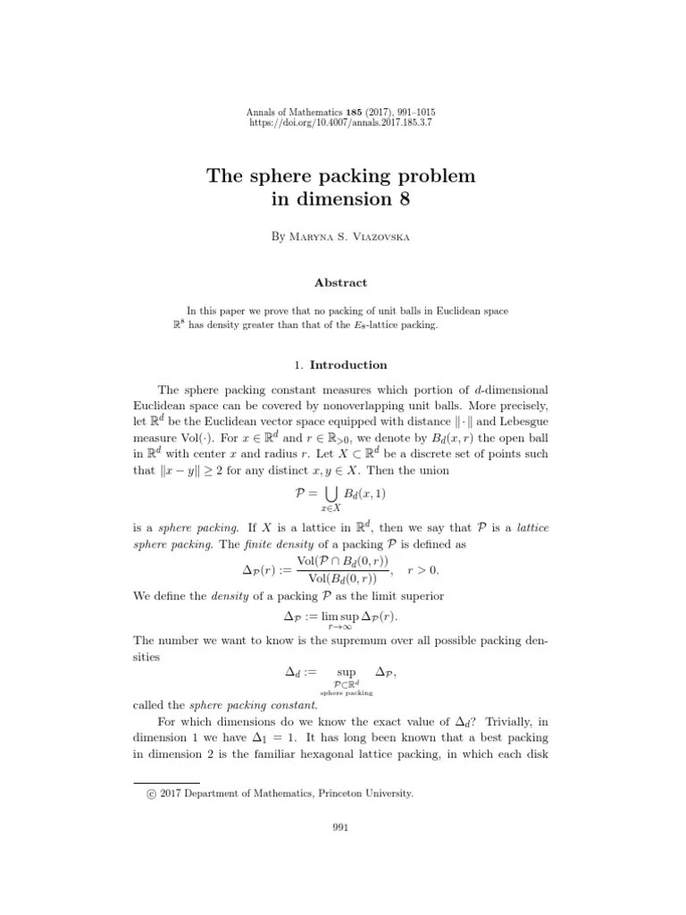 The Sphere Packing Problem in 8 Dimension Viazovska PDF