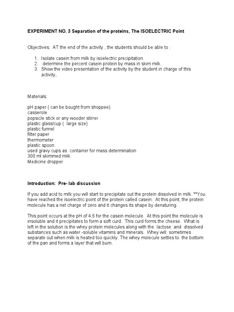 Experiment No 3 Isolation of Casein by Isoelectric Precipitation | PDF