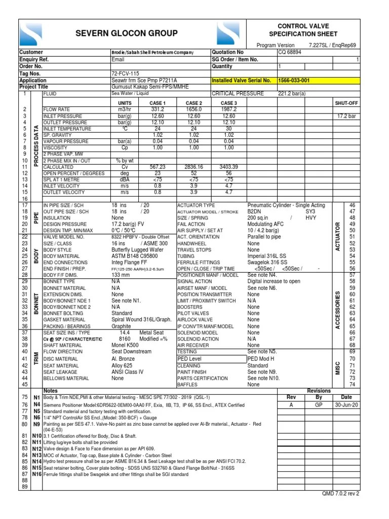 Control Valve Specification Sheet for Sea Water Flow from Seawater Pump