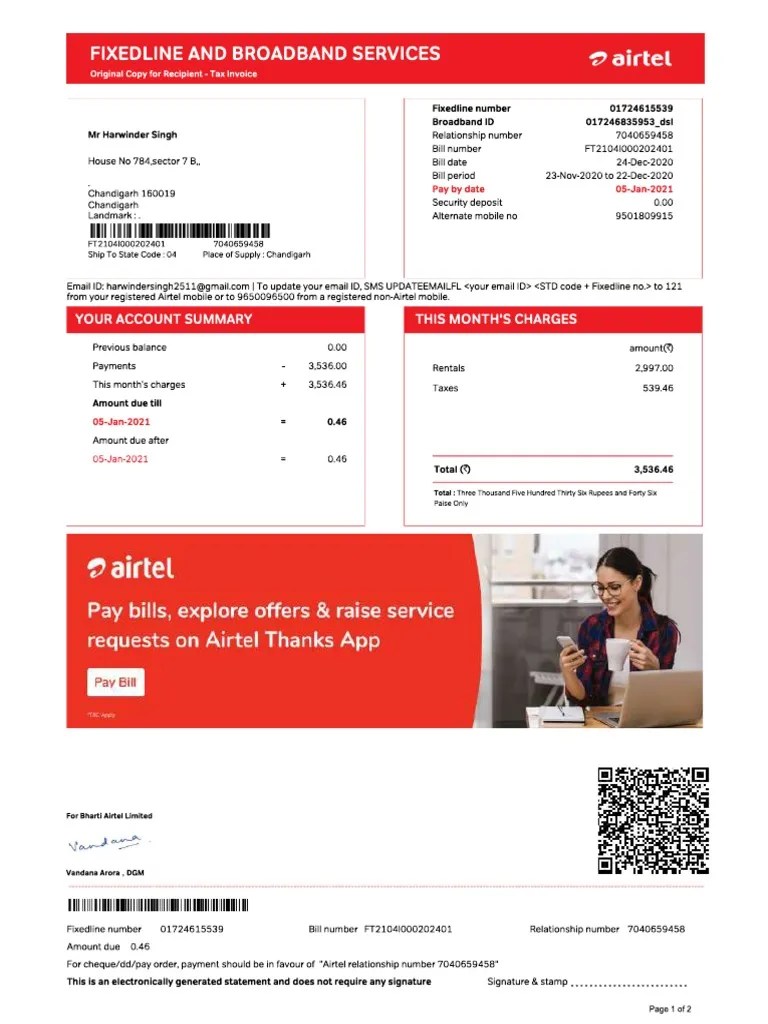 Airtel Broadband Bill PDF