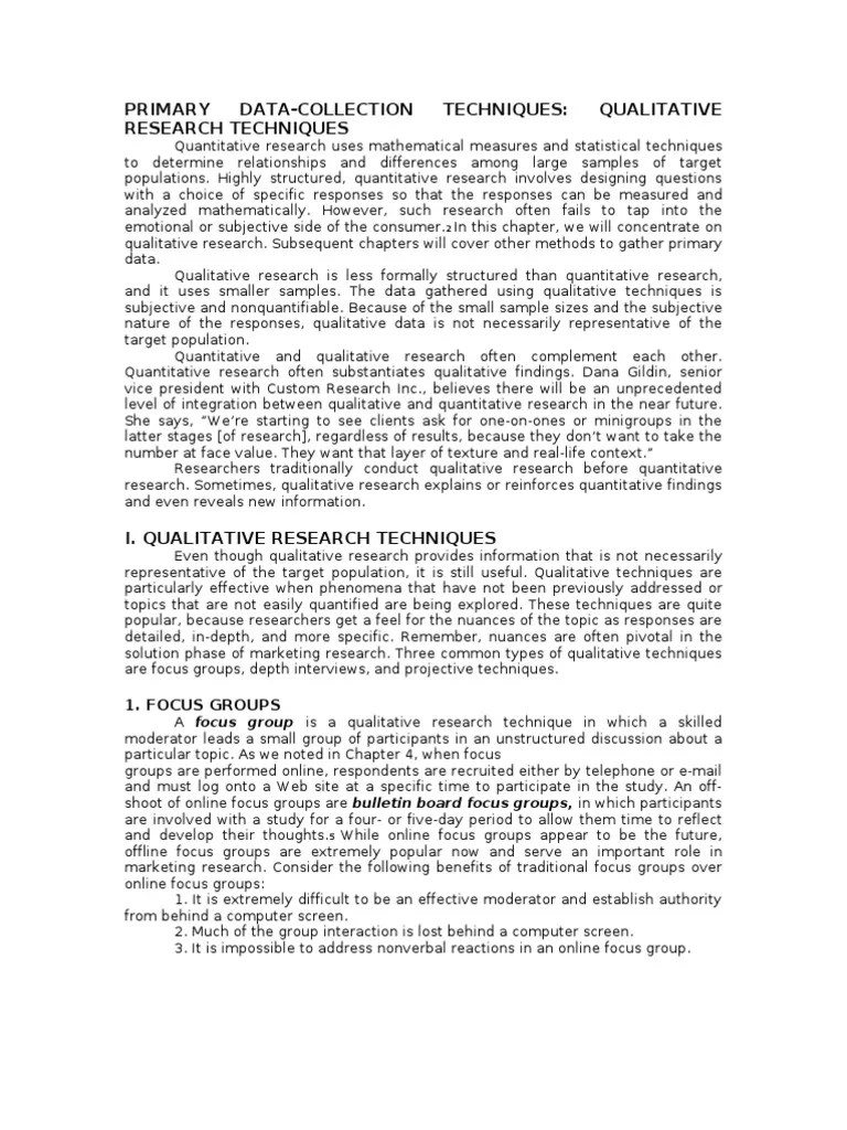 Primary DataCollection Techniques Qualitative Research Techniques