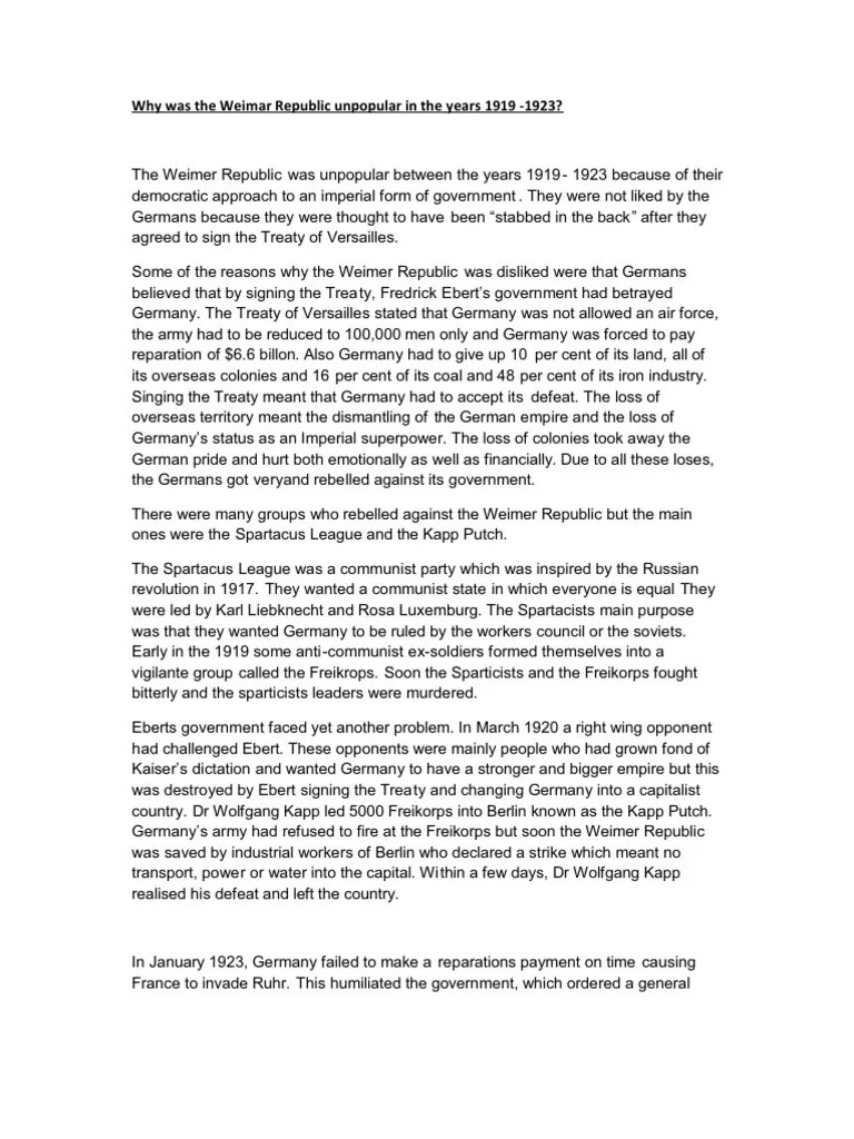 Why Was the Weimar Republic Unpopular in the Years 1919 Weimar