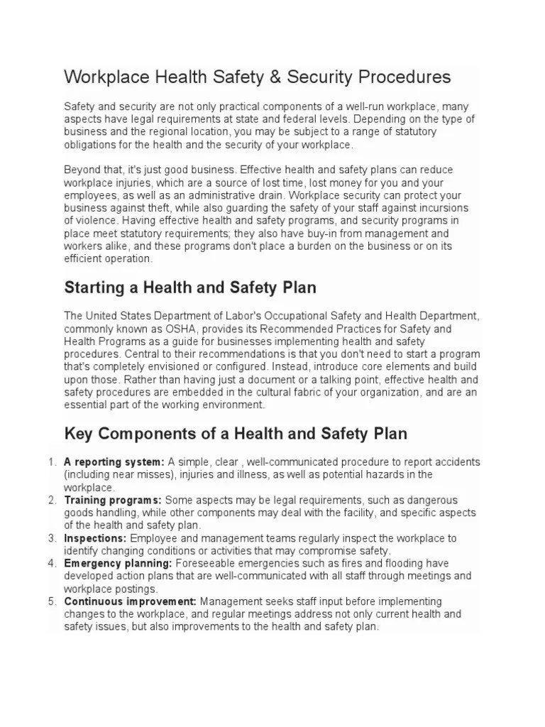 Workplace Health Safety & Security Procedures PDF Occupational