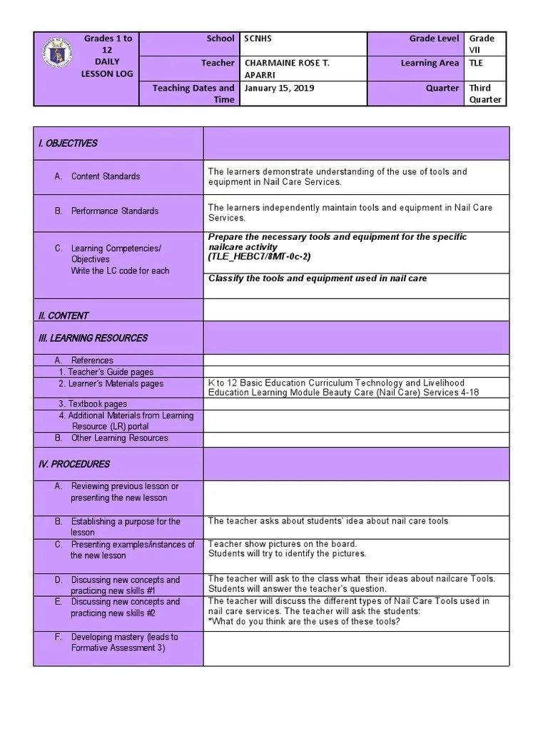 DLL Classify the tools and equipment used in nail care PDF Teachers