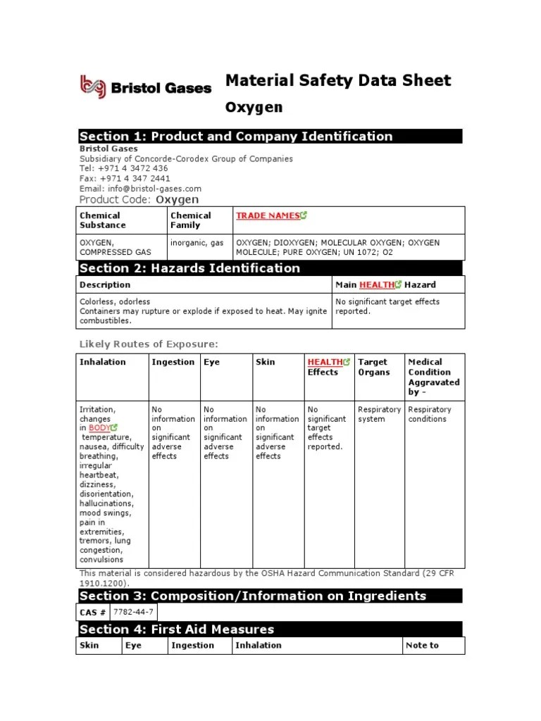 Oxygen MSDSBristol Gases PDF Oxygen Combustion