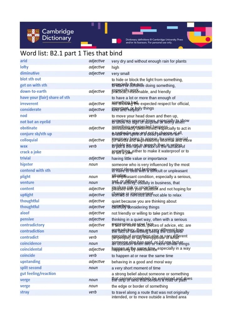 B2.1 Part 1 Ties That Bind PDF Adjective Verb