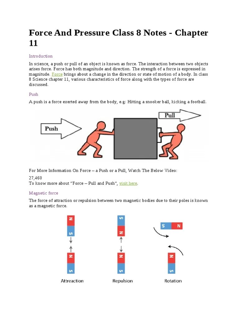 Force and Pressure Class 8 Notes Chapter 11 PDF Force Velocity