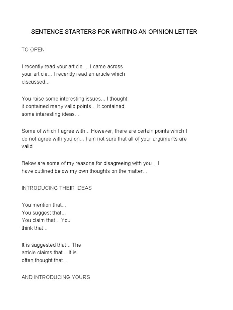 Sentence starters for writing a letter PDF