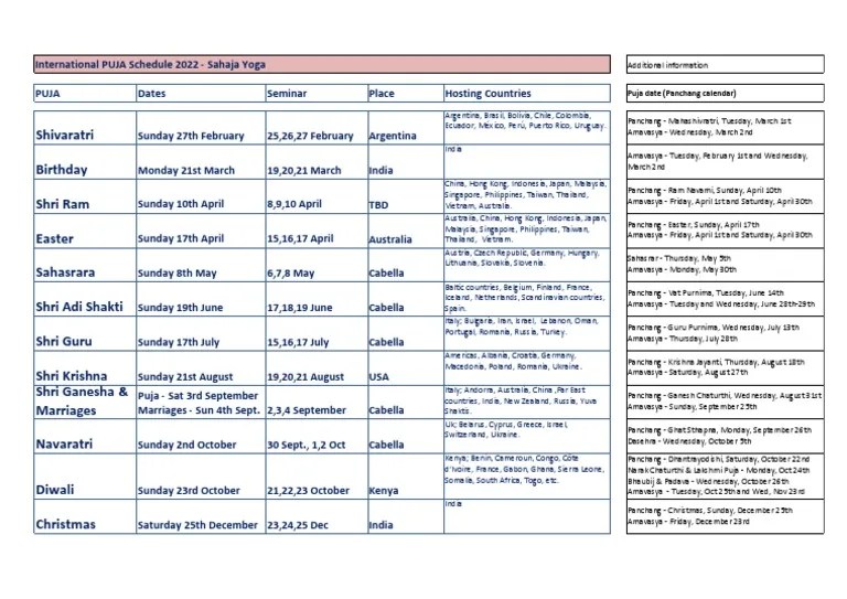 Sahaja Yoga Puja Calendar 2022 PDF Hindu Worship Indian Religions