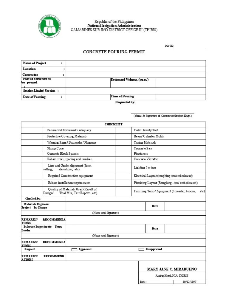 Pouring Permit PDF Concrete Materials