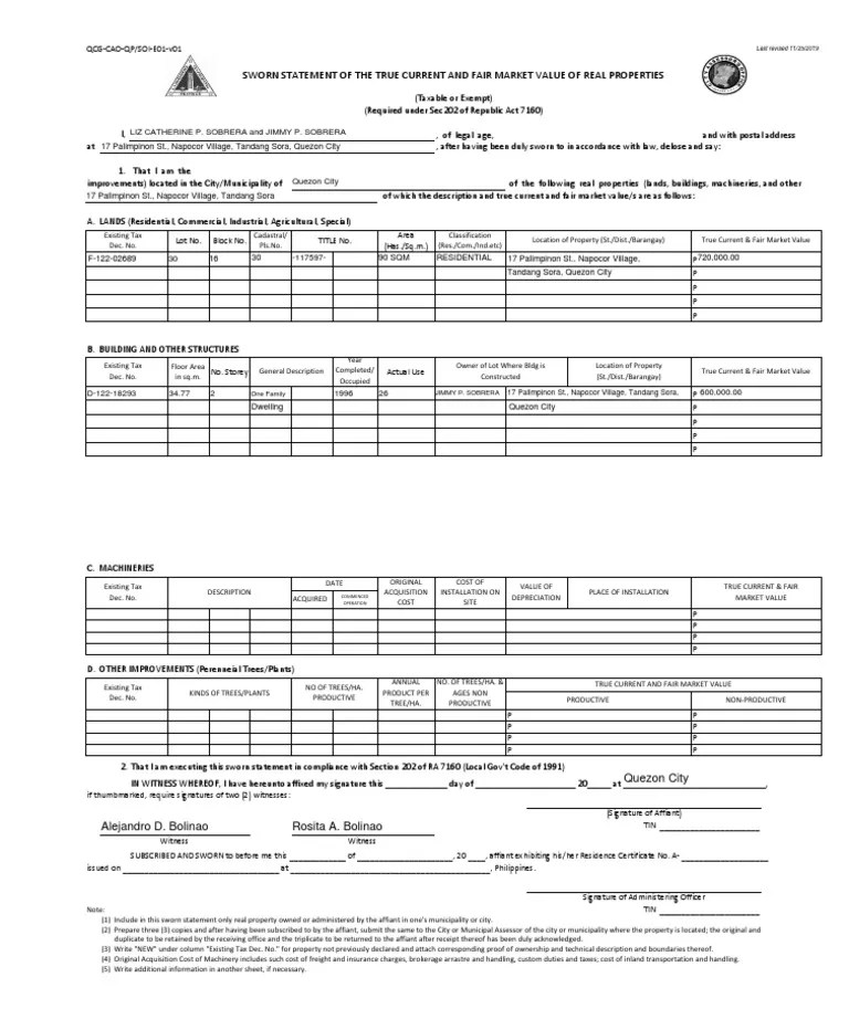 Sworn Statement of The True Current and Fair Market Value of Real