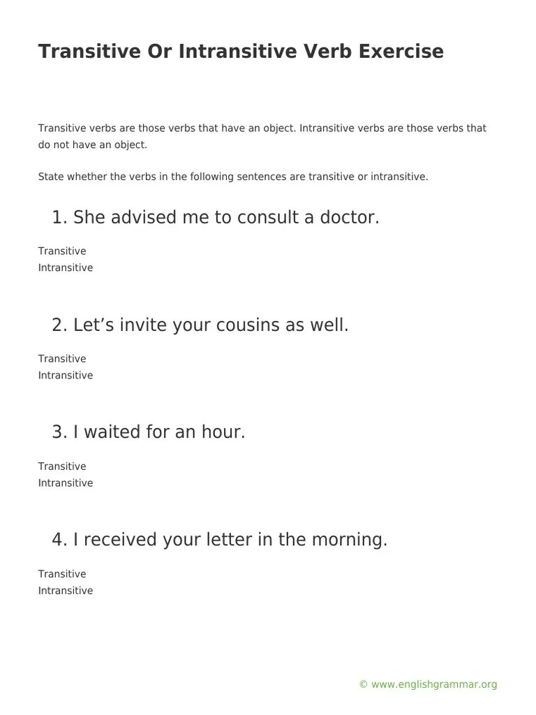 Transitive and Intransitive Verbs Exercise | PDF | Language Arts