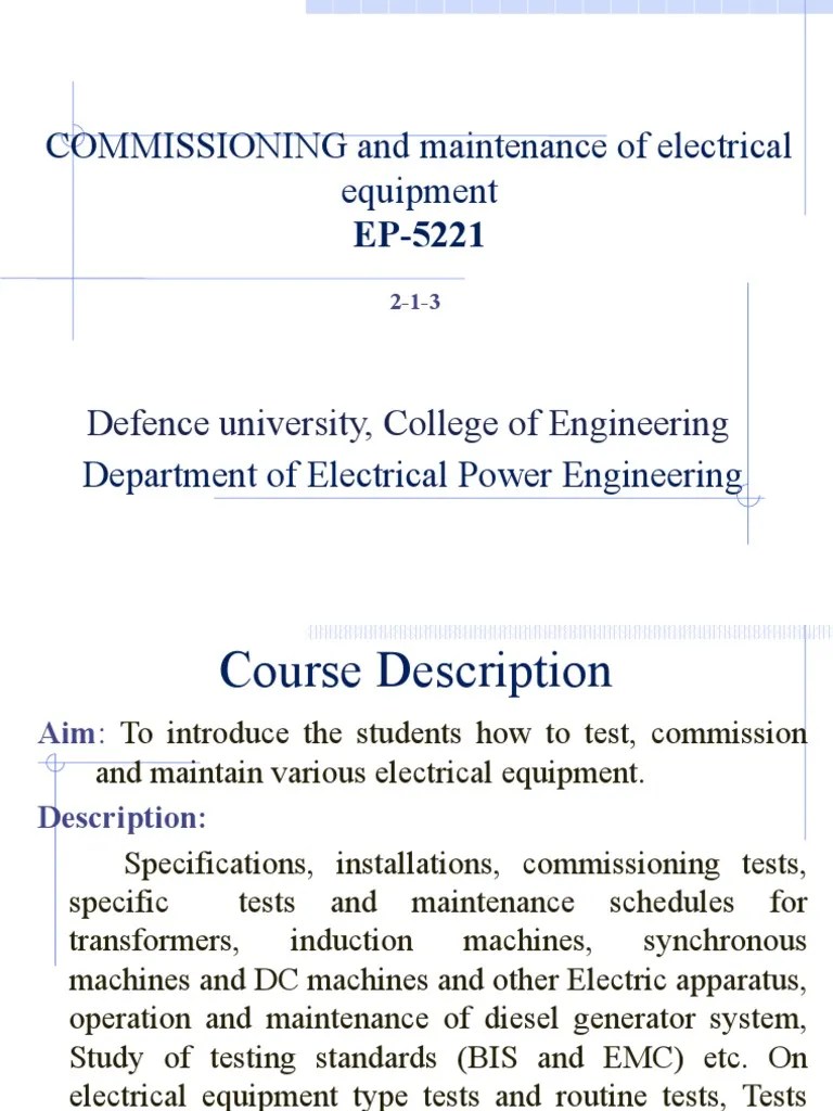 Commissioning and Maintenance of Electrical Equipment Testing, Commissioning and Maintenance