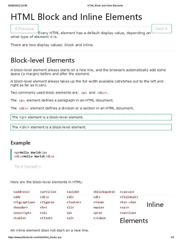 HTML Block and Inline Elements PDF Html Element Html