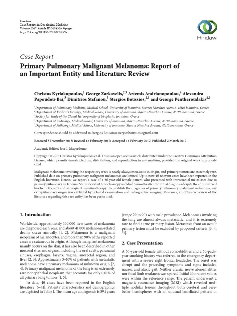 Case Report Primary Pulmonary Malignant Melanoma Report of An