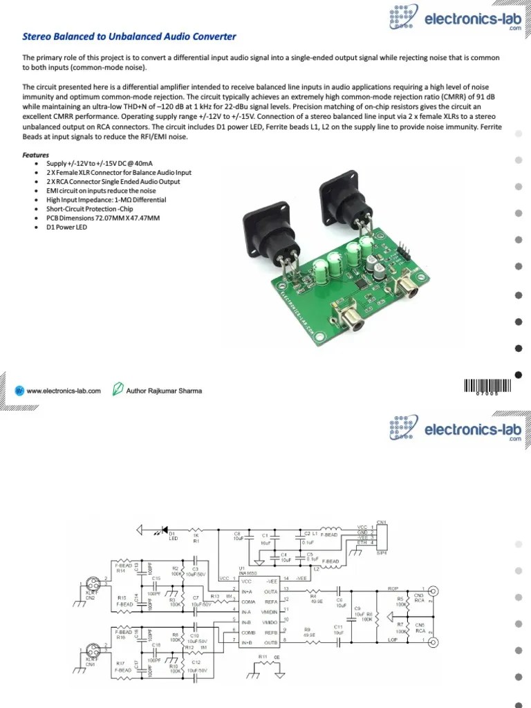 Stereo Balanced To Unbalanced Audio Converter PDF Electrical