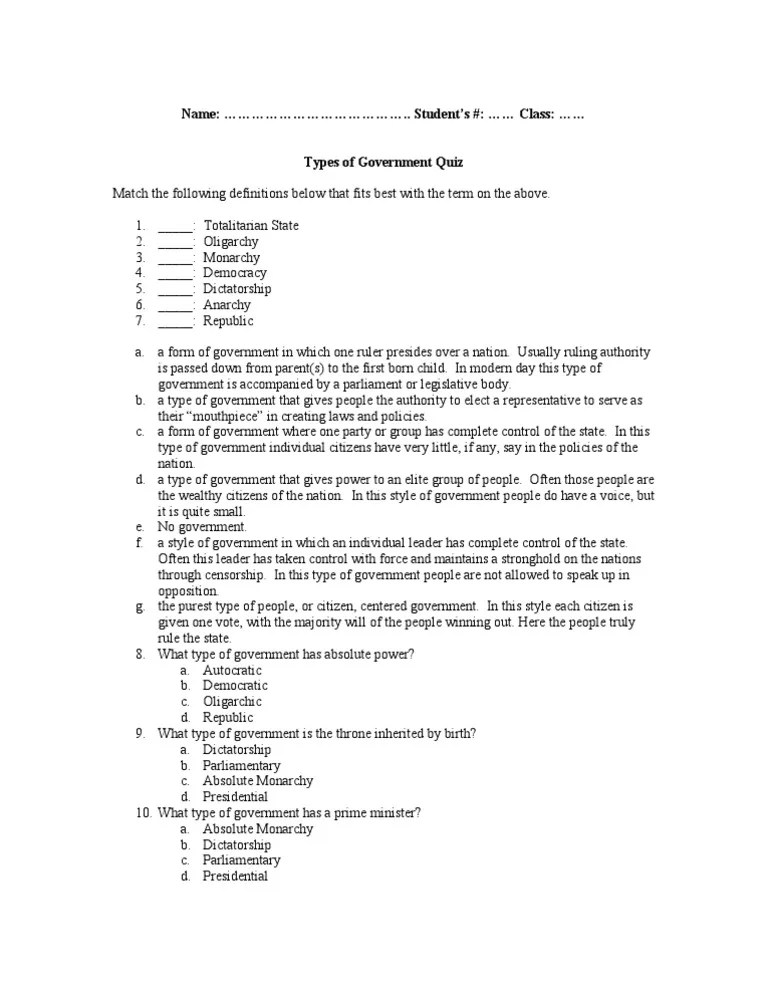 Types of Government Quiz PDF Dictatorship Oligarchy