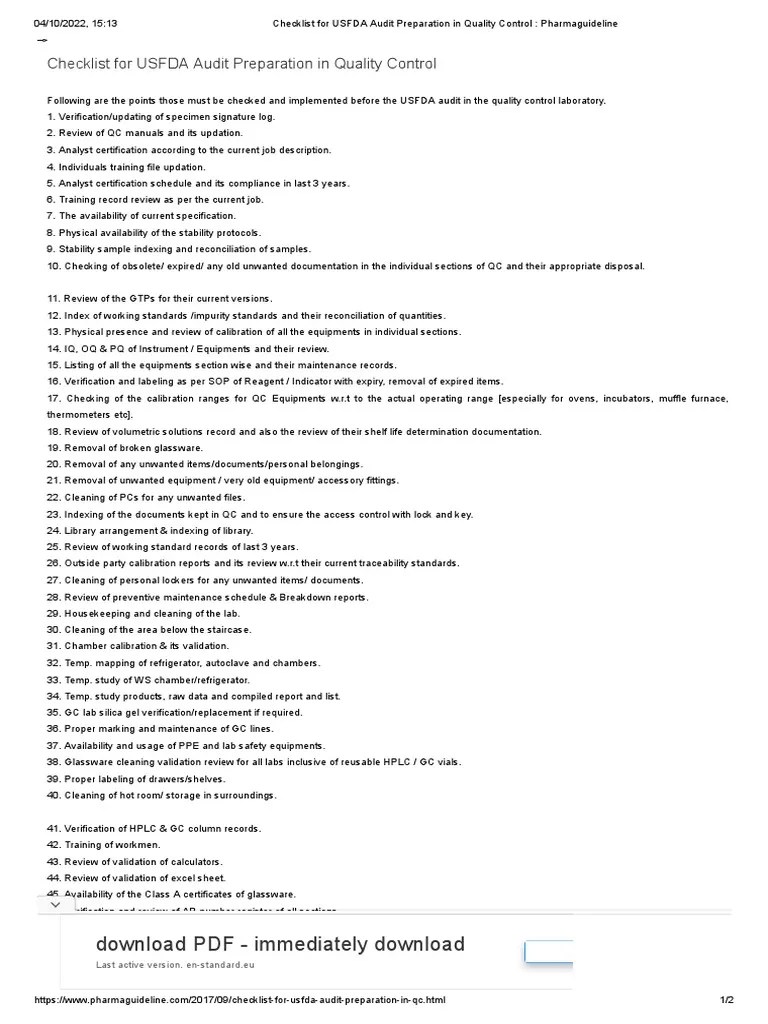 Checklist For USFDA Audit Preparation in Quality Control Pharmaguideline PDF Verification