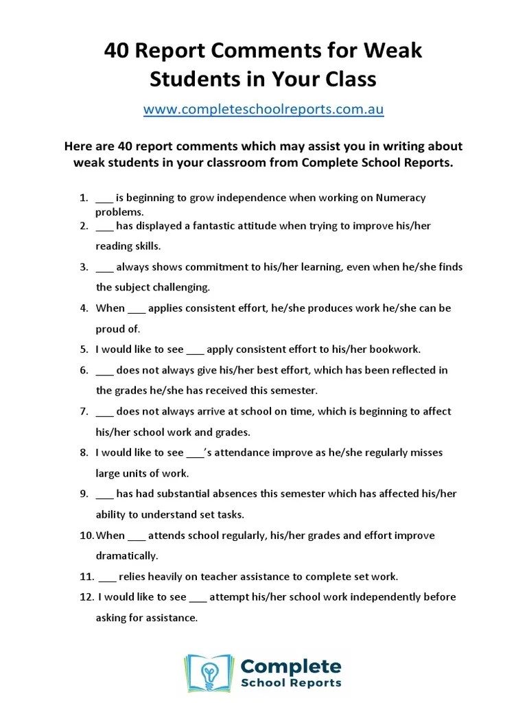 PDF Report Card Comments For Weak Students 2 PDF Learning Teachers