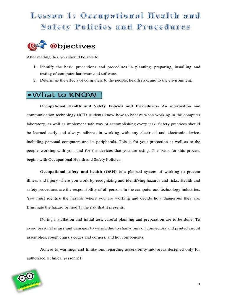 LESSON 1 Occupational Health and Safety Policies and Procedures PDF