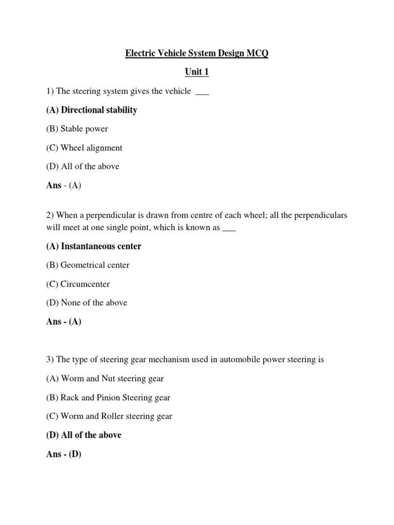 Electrical Vehicle MCQ Unit 1 & 2 PDF Steering Automotive Industry