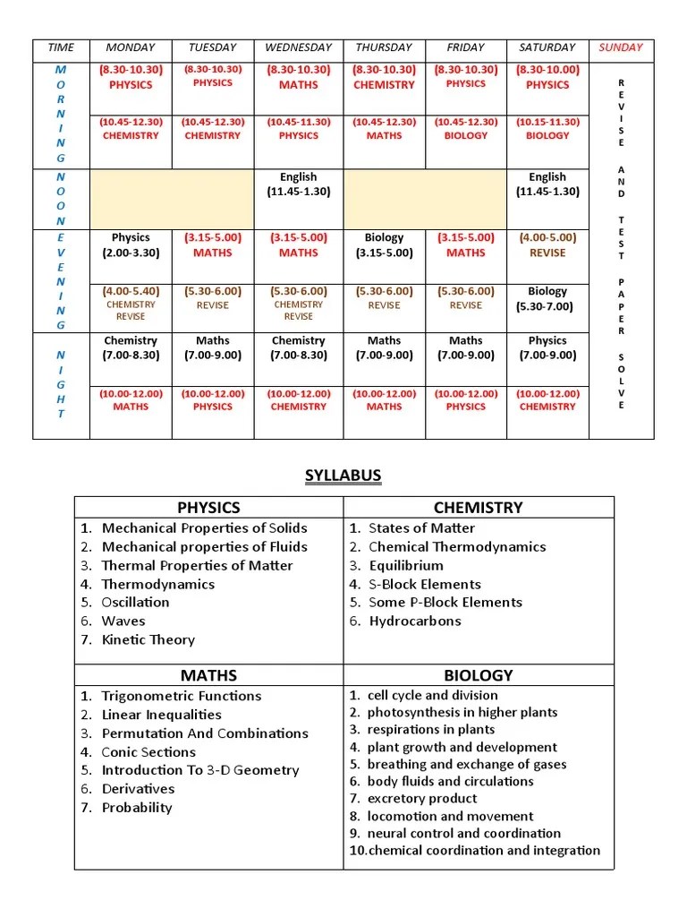 Best Time Table For 11TH PDF Chemistry Physics